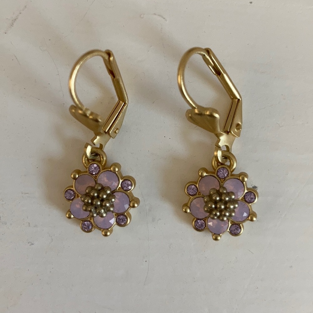 Gold Earrings with Pink Flowers